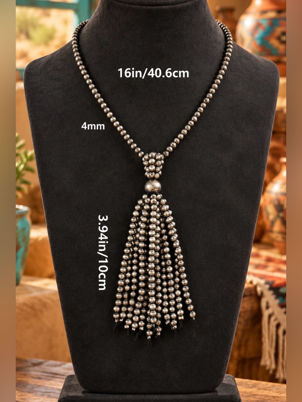 Southwest Western Navajo Pearl Inspired Tassel Beaded Costume Necklace Set - Picture 6 of 6
